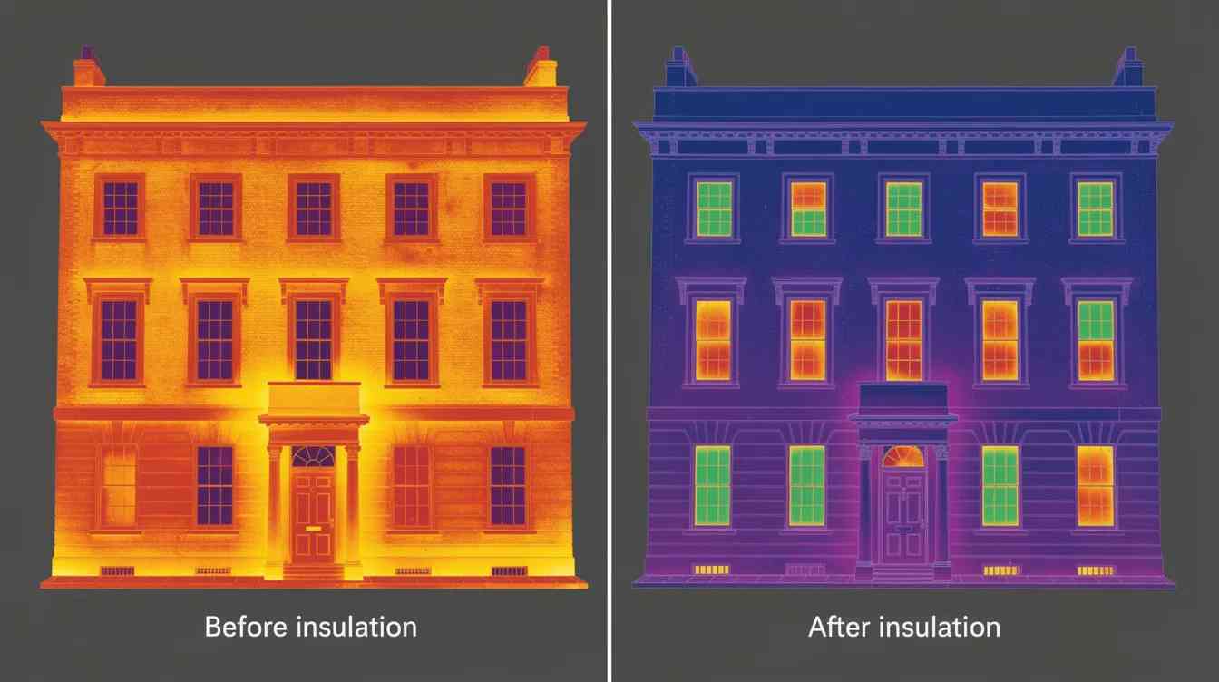 The image depicts a thermal imaging comparison of a solid-walled Georgian building, showcasing the significant reduction in heat loss before and after retrofit insulation works, highlighting the importance of energy efficiency in sustainable architecture. This visual demonstrates how improved insulation can lead to lower energy consumption and a reduced environmental impact, contributing to a more sustainable future.