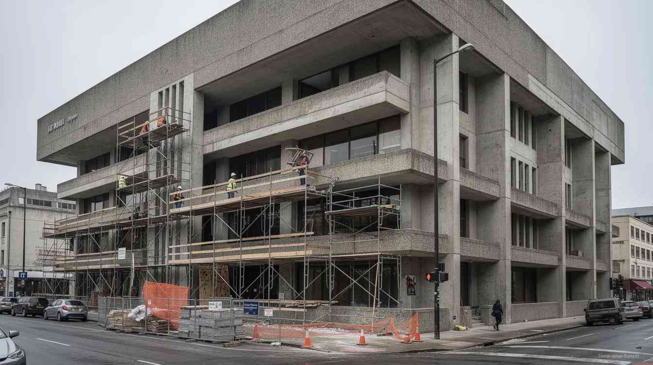 The image depicts a 1960s brutalist civic building undergoing renovation, with external scaffolding visible around its robust concrete structure. This renovation process highlights the importance of sustainable architecture, utilizing modern techniques and materials to improve energy efficiency and reduce environmental impact.