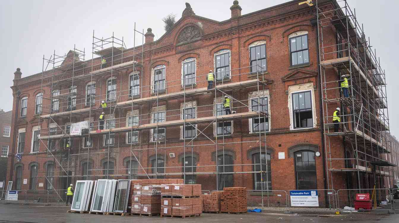 A LISTED BUILDING RENOVATION IN THE UK. The image depicts a Victorian brick warehouse building undergoing a sustainable retrofit, featuring scaffolding and the installation of new windows. This transformation highlights sustainable architecture examples, focusing on energy efficiency and the use of sustainable materials to minimize environmental impact.