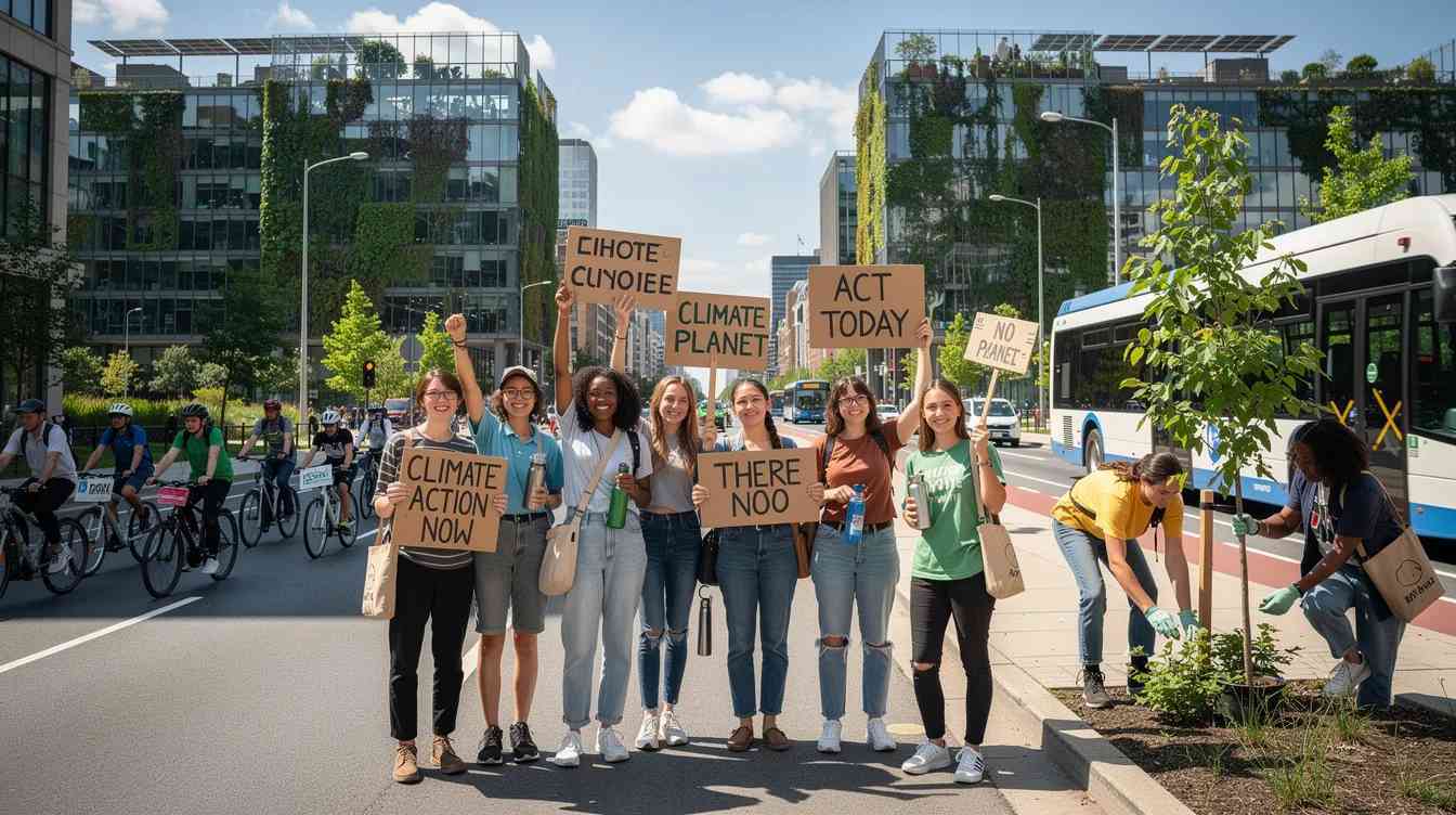 The image depicts a modern building designed with sustainable architecture principles, featuring solar panels on the roof and walls made from recycled materials. This structure emphasizes energy efficiency and utilizes renewable energy sources, showcasing a commitment to climate action and a sustainable future.