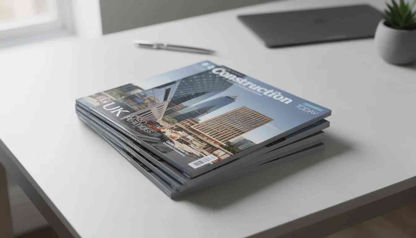 A modern desk is adorned with a stack of UK architecture and construction magazines, showcasing industry insights and trends relevant to construction companies. This collection highlights the importance of search engine optimisation strategies for architecture firms looking to enhance their online visibility and attract potential clients.