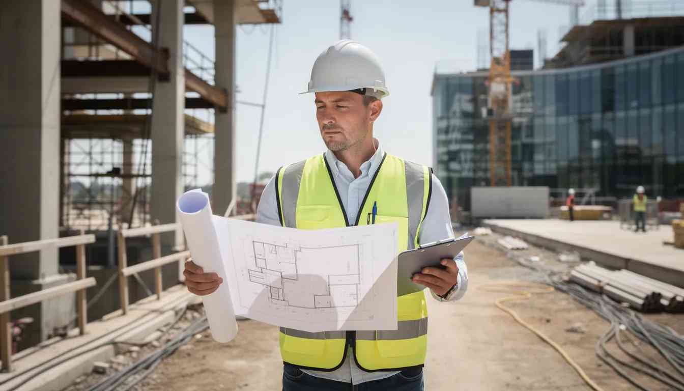 A handsom construction engineer stands on-site looking at the architects drawings, dreaming about how his investment in SEO of a powerfull guest authority post strategy will bring him enormous success. He fantasises about how his wife will love him more and finds it hard to concentrate on the architects plans. But he is happy and confident that architect SEO is the answer.