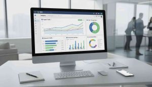 large screen modern computer showing SEO data for construction. Architects stand in the background laughing about the success of their recent guest post.