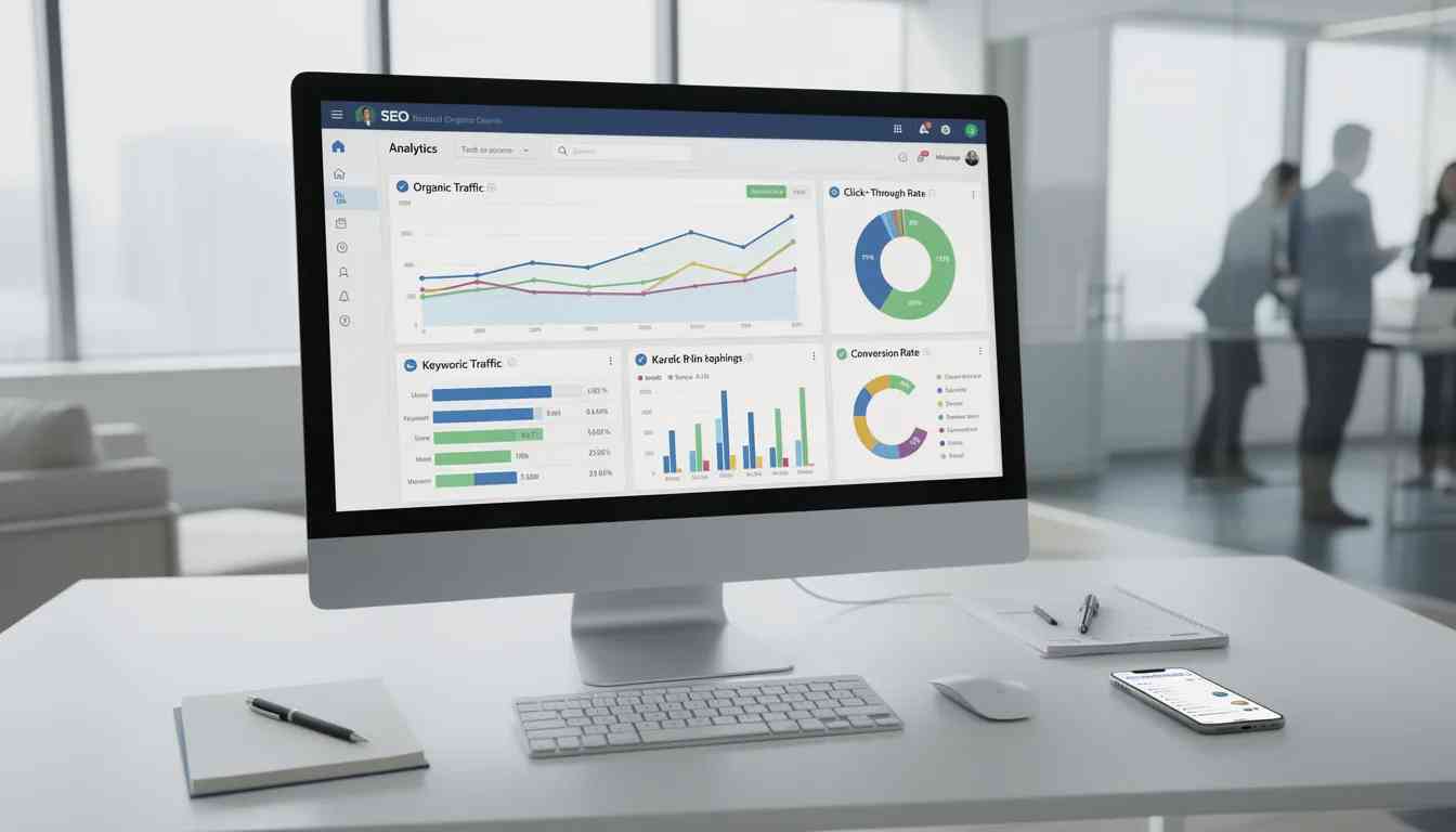 large screen modern computer showing SEO data for construction. Architects stand in the background laughing about the success of their recent guest post.