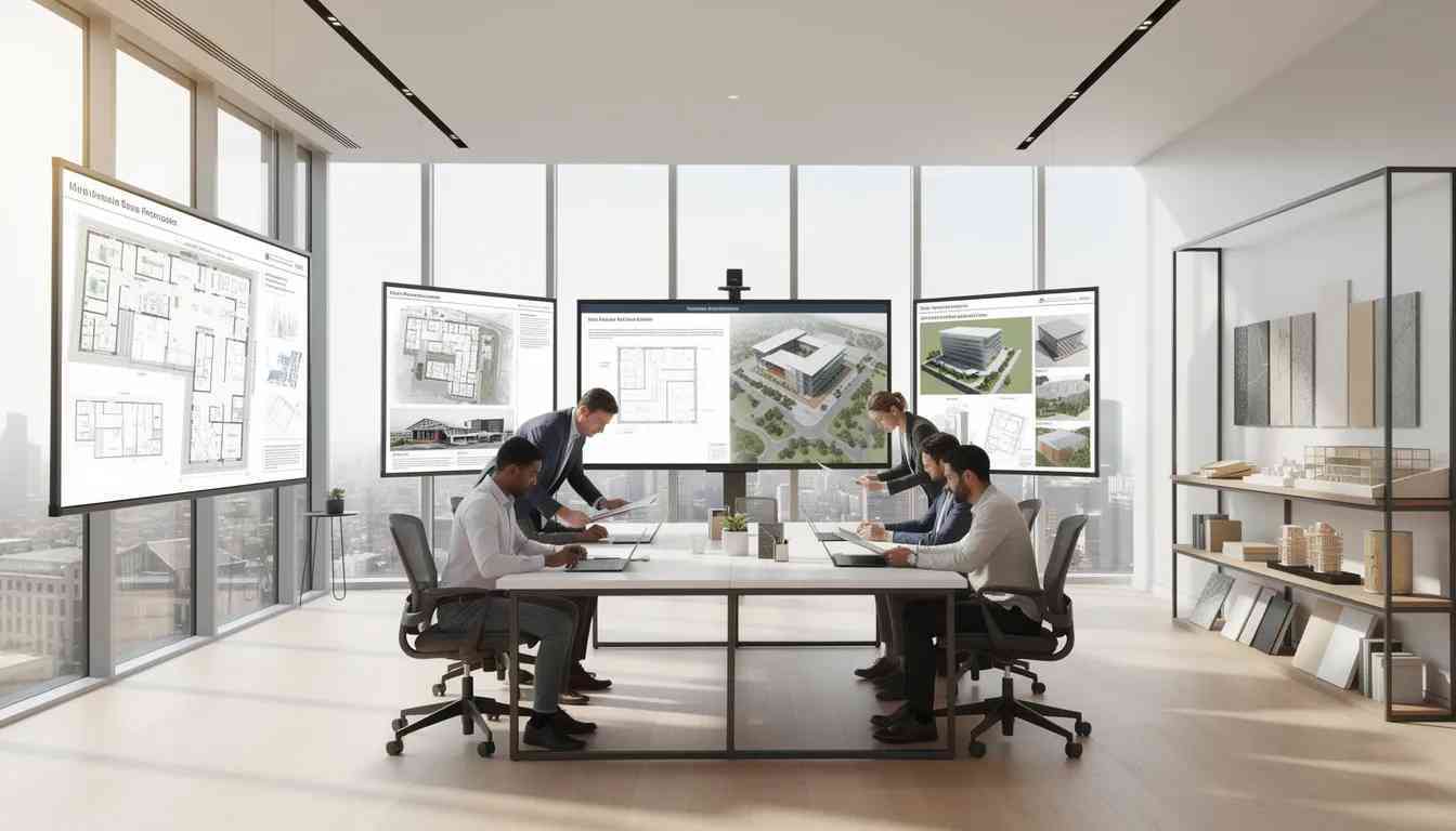 Architects round a table in a large modern room discussing marketing and guest posts for architects