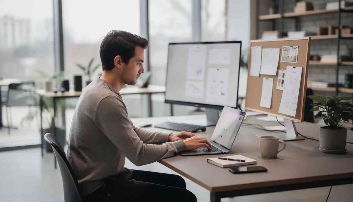 A young male modern architect sits working at his table, probably thinking about the power of guest posting and SEO.