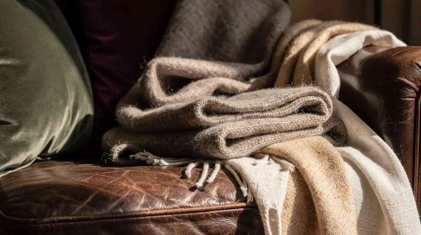 soft furnished interiors of uk design - warm blankets are draped over a soft leather couch