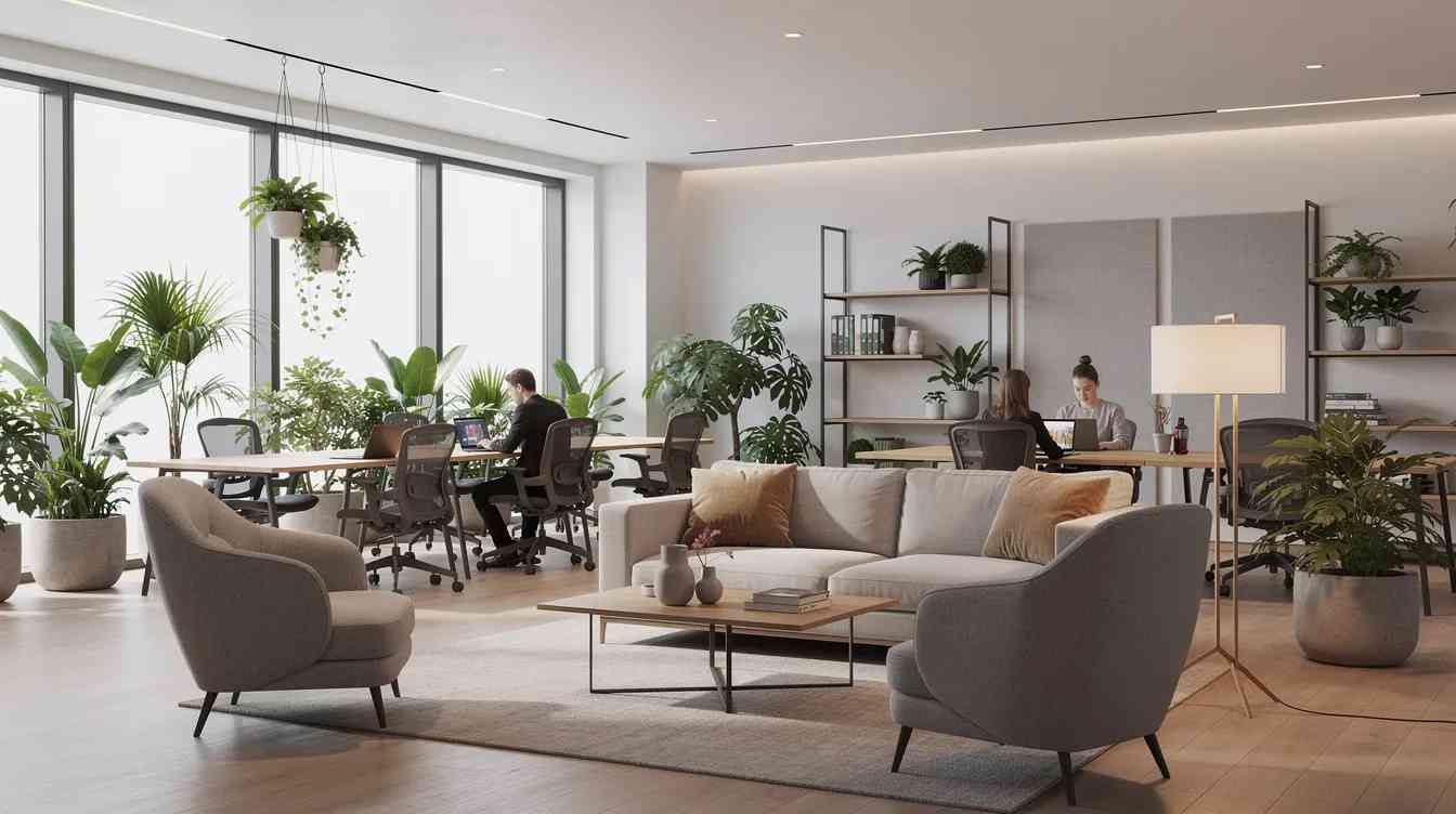 The image depicts a bright and calm modern workspace designed with inclusive environments in mind, featuring soft indirect lighting, lush green plants, and a variety of soft seating and desks arranged in clearly defined zones. This thoughtful interior design promotes well-being and accommodates the diverse needs of neurodiverse individuals, creating a visually interesting and sensory-friendly atmosphere.