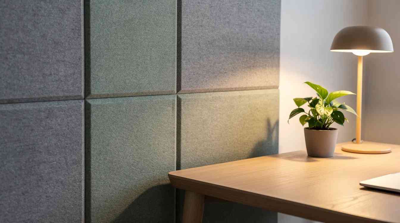 The image features a close-up view of acoustic felt wall panels in soothing grey and green tones, positioned next to a wooden desk adorned with a small plant and a warm task lamp, creating a calming environment that supports focus and well-being for neurodivergent individuals. This inclusive design approach emphasizes natural elements and varied textures to enhance sensory comfort in interior spaces.